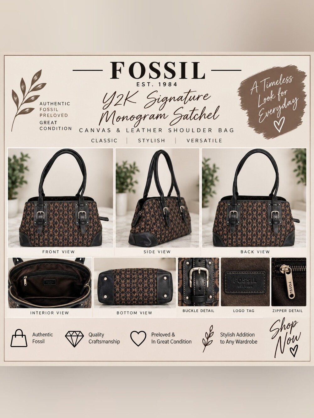 Fossil Monogram Satchel in Brown and Black